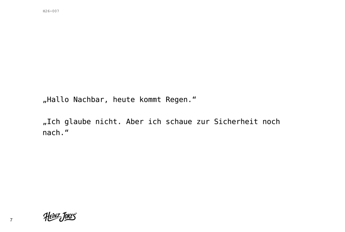Heinz Jokes, Heft 1: H26-007 - Nachbar Regen. Vollständiges Witzbeispiel, gedruckte Seiten 7 und 8. Linke Buchseite.