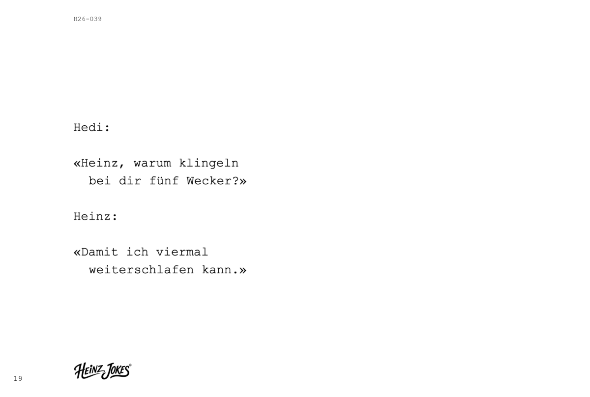 Heinz Jokes, Heft 3: H26-039 - Die fuenf Wecker. Vollständiges Witzbeispiel, gedruckte Seiten 19 und 20. Linke Buchseite.